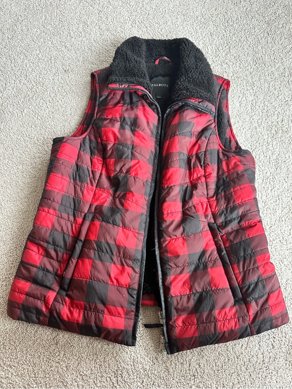 Talbots Red and Black Quilted Plaid Vest with Faux-Sherpa Collar